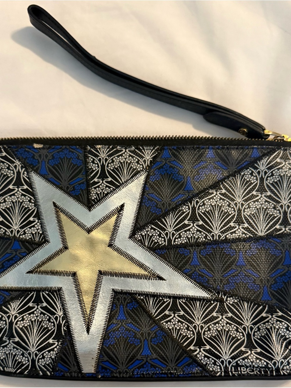 Liberty Star Appliqué Wristlet Clutch in Black, Blue & Gold